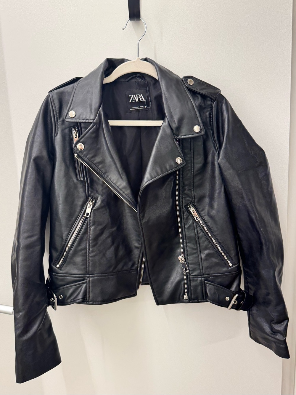 Zara Black Leather Moto Jacket with Silver Hardware